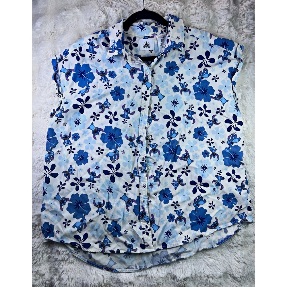 Disney Lilo & Stitch Stitch Blue & White Floral Button-Front Shirt XL. A27